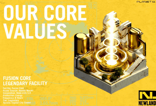 图片展示的是Newland Fusion Core的宣传图。左侧以黄色为主色调,上方大字“OUR CORE VALUES”突出核心价值观,下方文字介绍FUSION CORE为传奇设施,其功率来源为原子核。右侧是Fusion Core的3D模型,呈现为一个带有发光圆环的建筑结构,周围有树木装饰。底部有Newland的标志及“NEWLAND”字样。该图与文档中应用场景部分相关,展示了Fusion Core这一建筑与室内设计应用场景的视觉效果。