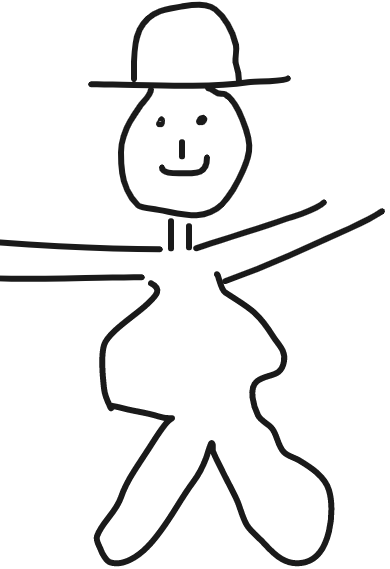 图片是一张粗略的草图，描绘了一个戴着帽子的人物。人物有着简单勾勒的圆形头部，带有微笑的表情，头上戴着一顶宽边帽子。身体部分由线条构成，双臂张开，双腿分开，身形轮廓较为随意。这张图片对应文档中“根据您的图纸创建图像”步骤里创建粗略草图的内容，是后续上传至imgur.com并作为Midjourney图像提示的基础。