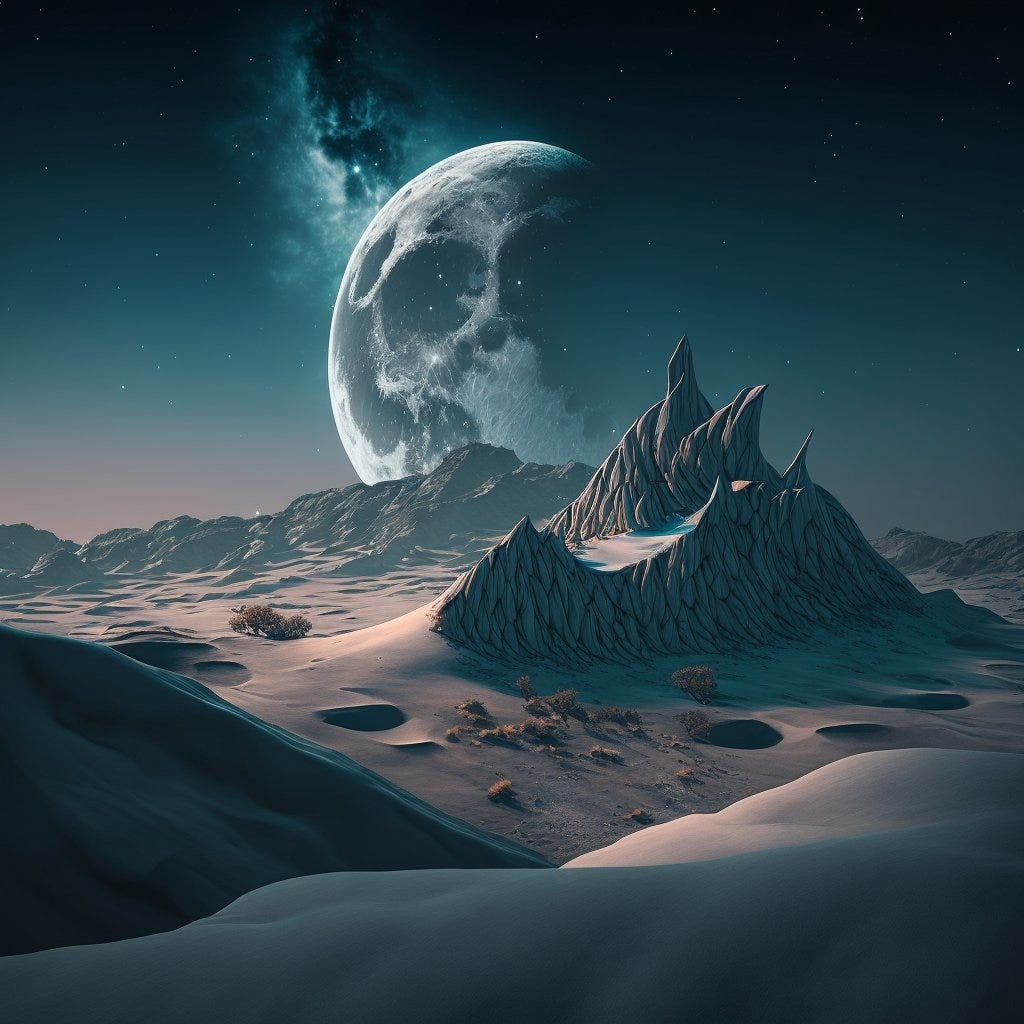 图片展示了一幅外星月球景观，画面中有巨大的月球悬挂在深蓝色星空背景中，月球表面坑洼清晰可见。前景是一片沙漠地形，地面上有起伏的沙丘，还分布着几株矮小的植物。右侧有一座造型奇特的山峰，表面纹理独特。这张图片是在Midjourney中使用提示词“alien moon landscape（外星月球景观）”生成的，用于后续与牛仔渲染图组合以生成新图像的背景素材。