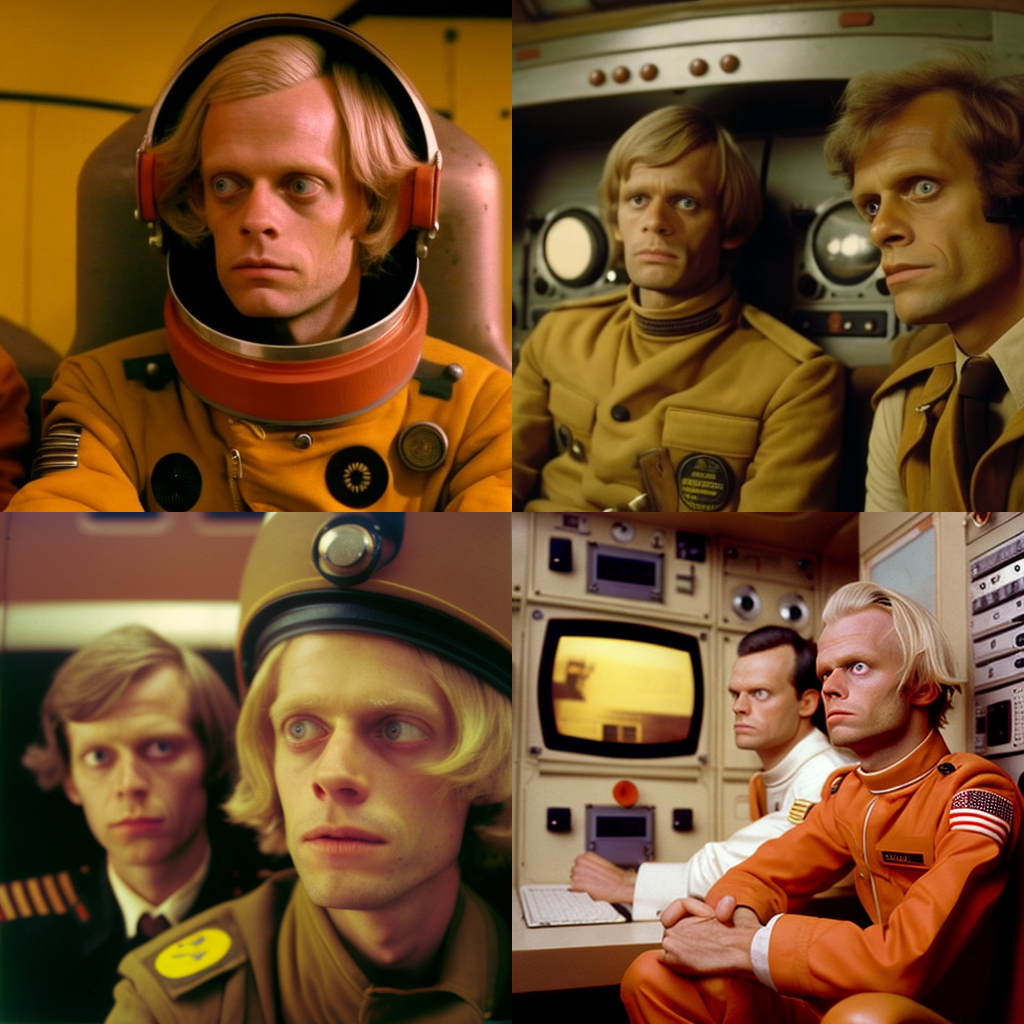 图片展示了一组以“1970 space comedy with Klaus Kinski”为场景描述，“Wes Anderson”导演风格的Midjourney生成图像。画面中有穿着宇航服和制服的人物，服装颜色有橙色、黄色等。人物或坐在控制台前，或看向一侧，背景有飞船内的仪器、屏幕等设备。这组图片是上文提到的通过Midjourney渲染新电影场景技巧的示例，直观呈现了指令生成的图像效果。