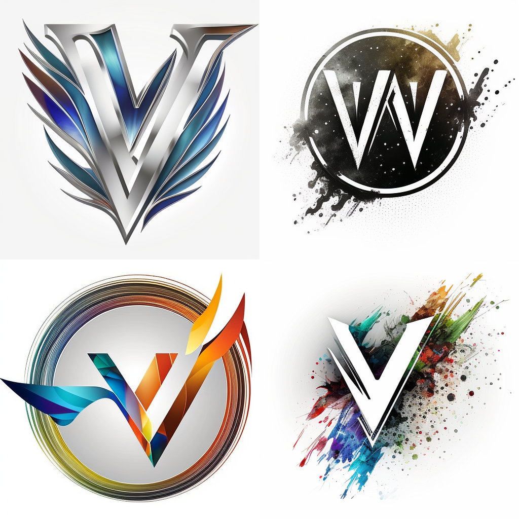 图片展示了四个不同风格的logo设计。左上角的logo以银色V形为主，两侧伴有蓝紫色羽翼；右上角是黑色圆形背景，白色W字母，周围有泼墨效果；左下角是多彩几何图形构成的V形，外有彩色圆环；右下角是白色V形，周围有彩色泼墨。这些logo是使用Midjourney创建的示例，与文档中“使用Midjourney创建Logos”的内容相呼应，直观呈现了可生成的logo样式。