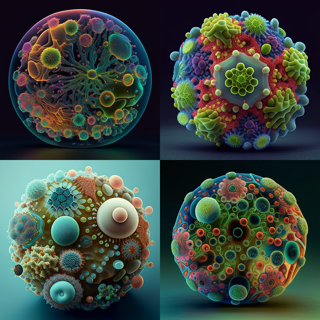 图片展示了四张以微生物艺术为主题的图像，均为球形结构，色彩丰富绚丽。每个球体表面有着复杂多样的纹理和形态，呈现出类似微观世界的视觉效果。这些图像是Midjourney在“微生物艺术Microbe Art”指令下生成的例子，与文档中介绍的“新艺术风格”技巧相对应，通过在指令中指定特定材料艺术，可带来惊人发现并进一步利用，直观呈现了该技巧的应用成果。