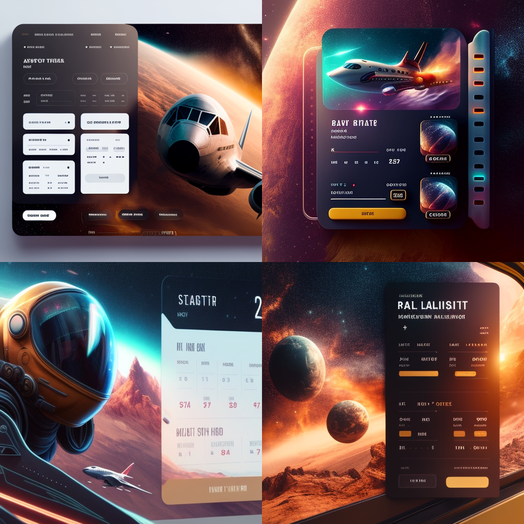 图片展示了利用Midjourney生成的UI/UX模型示例，背景为宇宙场景，有飞船、星球等元素。画面中有多个界面，包含不同的功能板块，如左侧界面有多个白色按钮区域，右侧界面有显示数据、操作选项的区域等。界面设计风格科幻感十足，色彩搭配亮眼。这与文档中“创建UI/UX模型”部分内容对应，直观呈现了使用Midjourney生成的UI/UX模型效果，为相关描述提供了视觉参考。