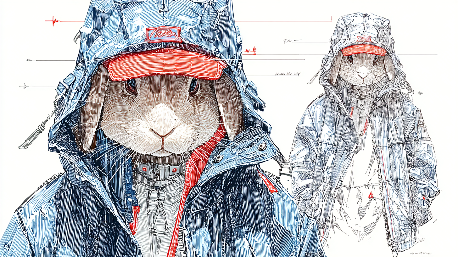 图片展示了两只穿着雨衣的兔子。左侧为彩色插画,兔子戴着红色帽子,穿着蓝色雨衣,雨衣上有红色图案,帽子和雨衣上都有红色拉链。右侧为黑白线稿,兔子同样戴着红色帽子,穿着蓝色雨衣,线条清晰。图片与上下文可能是在介绍AI绘画中使用万能公式创作的动漫风格插画,展示了不同风格的兔子形象。
