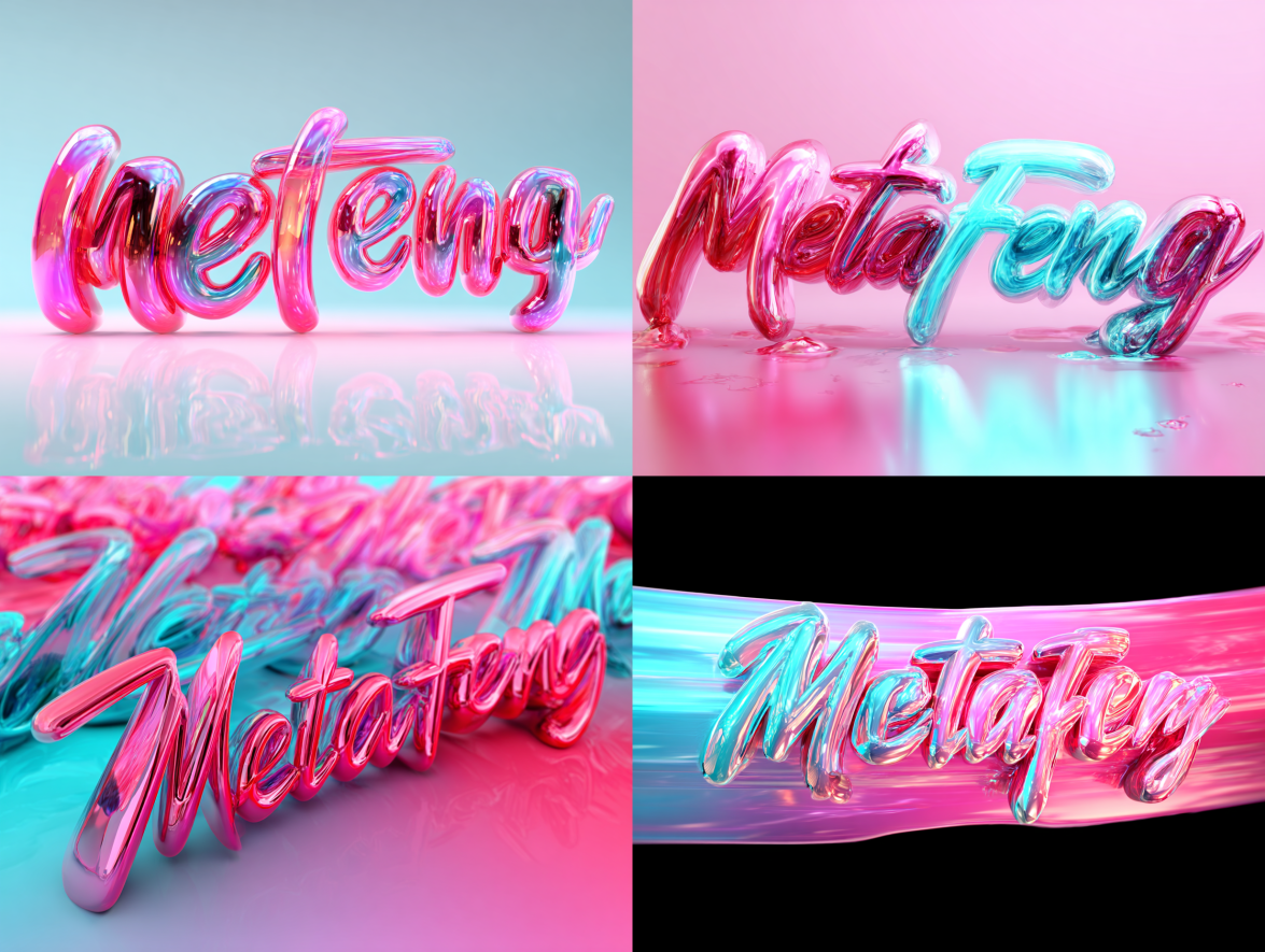 图片展示了四个不同角度的“MetaFeng”文字效果。文字以粉色、蓝色为主色调,带有金属光泽,呈现出流动的液态效果,背景为渐变色,有粉色、蓝色等。文字在不同角度下呈现出不同的形态,如在水面上漂浮、在不同颜色背景中呈现等。该图片与上下文可能是在展示AI绘画中生成的具有特定风格的文字效果,用于说明AI绘画高手使用的万能公式能实现类似效果。