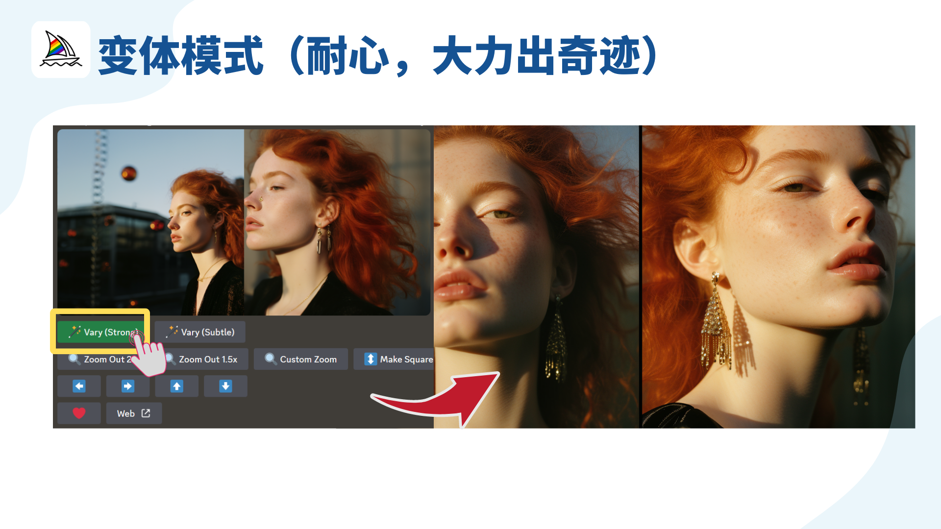 图片展示了MJ中的变体模式操作。画面上方有“变体模式(耐心,大力出奇迹)”的标题。下方左侧为操作界面,手指正点击“Vary (Strong)”(强烈变体)按钮,其右侧还有“Vary (Subtle)”(轻微变体)等选项。右侧是经过强烈变体后的多张红发女性图像,呈现出不同角度和细节变化。图片与上下文紧密相关,直观呈现了文中所提到的变体操作及效果,帮助读者理解变体模式的应用。