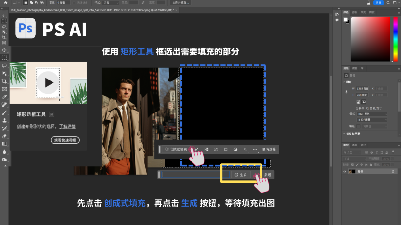 图片展示了在PS AI中进行创成式填充的操作画面。画面中使用矩形工具框选出了图片右侧需要填充的黑色部分,下方有两个关键按钮,分别是“创成式填充”和“生成”,并用手部动作示意操作顺序为先点击“创成式填充”,再点击“生成”按钮,以等待填充出图。此图与文档上文提到的使用PS AI的“创成式填充”功能来框选填充部分的内容相契合,直观呈现了具体操作步骤。