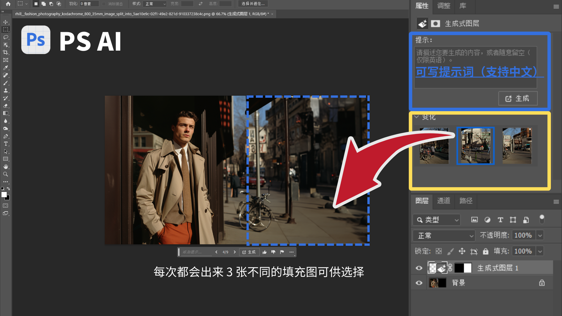 图片展示了PS AI的创成式填充操作界面。画面中左侧是一张有男士站立的照片,右侧有蓝色虚线框选需要填充的区域。右侧面板“提示”框内提示可描述想要生成的内容,支持中文填写提示词。“变化”区域内有3张不同的填充图示例,红色箭头指向其中一张,表明每次会生成3张不同填充图供选择。该图与上文提到的使用PS AI进行创成式填充步骤相呼应,直观呈现了操作及填充效果展示环节。