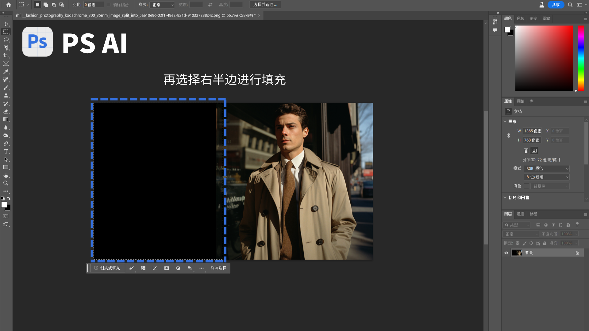 图片展示了PS AI软件界面,界面中一张图片的左半部分被蓝色虚线框选中,框内为黑色区域。图片上方有白色文字“再选择右半边进行填充”。该图与上文“继续填充右边这部分”的内容相呼应,直观呈现了在PS中使用创成式填充功能,对图片右半边进行填充操作前的选区状态,帮助读者更清晰地理解在PS中进行创成式填充以调整图片比例的操作步骤。