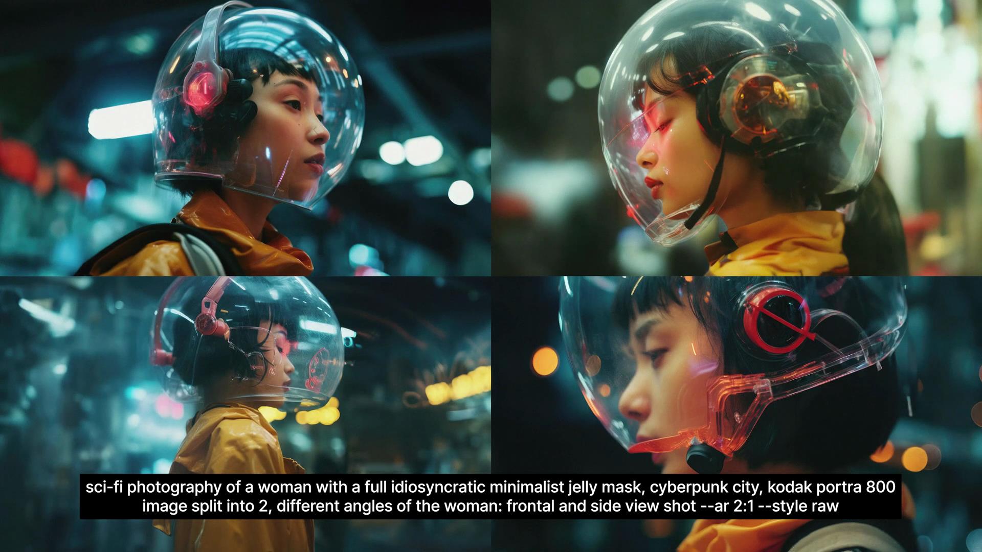 图片展示了四张科幻风格摄影图,均为戴着全透明个性果冻面罩的女性,背景是赛博朋克城市。女性身着黄色上衣,面罩上有红色部件。图片下方有英文提示词,说明是将图像分成两部分、展示女性正面和侧面不同角度的画面,纵横比为2:1,风格为raw。此图是在介绍通过Midjourney和PS实现角色一致性及调整图片比例方法后的效果展示,印证前文步骤可得到想要的图片。