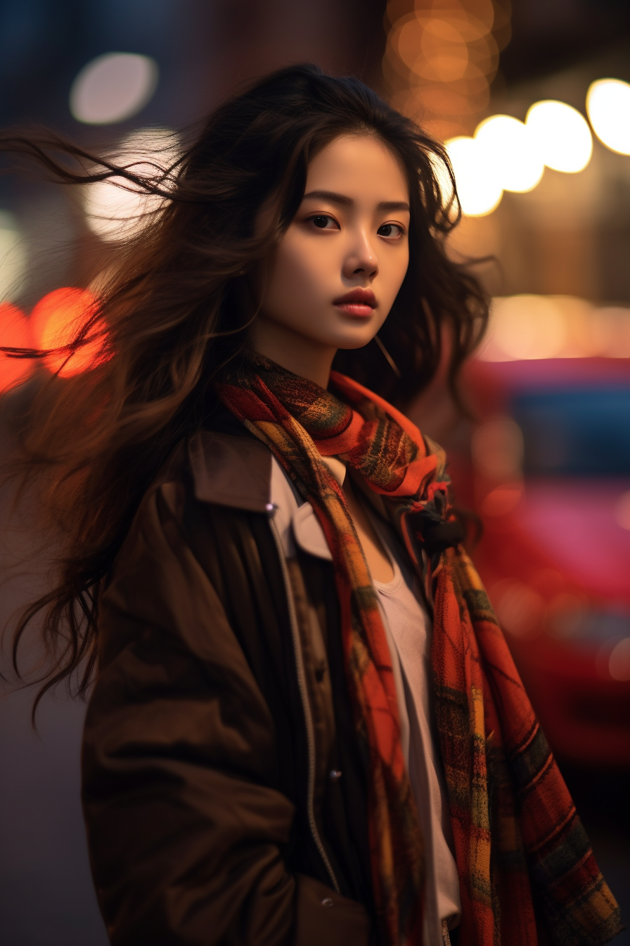 图片是Midjourney 5.2版本依据提示词“一幅中国女性忧郁的夜间街头肖像，被城市灯光和霓虹灯的温暖光芒照亮，她的脸部分被阴影遮住，安静而沉思的表情，传达出一种孤独和反思的感觉，摄影，Fujifilm X-T4 35mm f/1.4镜头，--ar 3:2”生成的图像。画面中一位中国女孩身处夜间街头，头发随风飘动，身着外套并围着色彩丰富的围巾，脸部部分被阴影笼罩，展现出安静沉思的神情，背景有着城市灯光和霓虹灯的暖光及虚化的光斑。此图用于对比Midjourney 5.2与5.1版本在相同提示词下的输出差异。