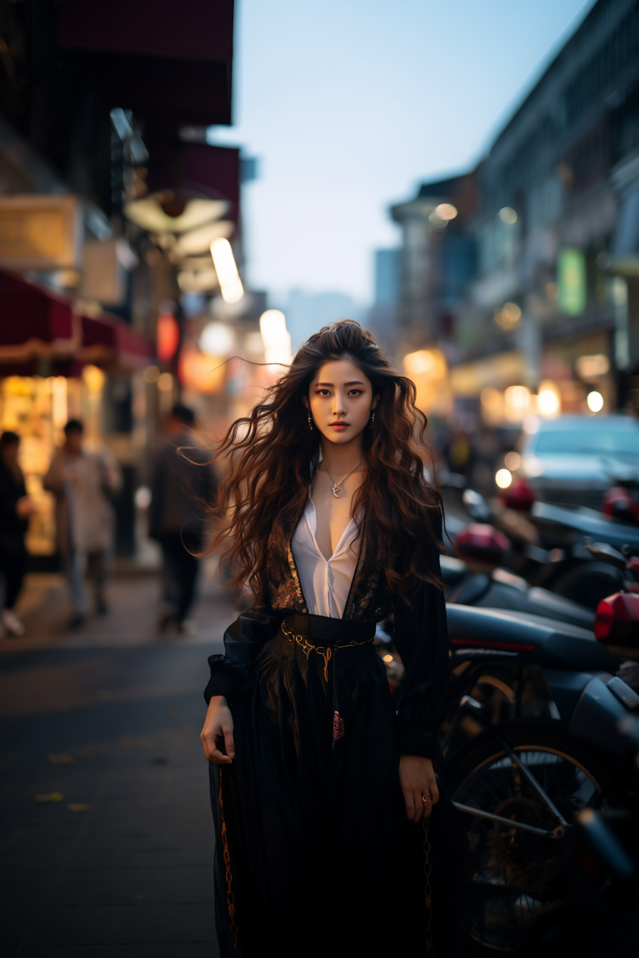 图片展示了一位长发女子立于街道场景中，她身着黑白搭配的服饰，长发随风飘动。背景是傍晚时分的街道，一侧有商铺和行人，另一侧停放着摩托车，远处建筑和车辆模糊，营造出一种氛围感。此图用于展示Midjourney 5.2版本“Zoom Out 2倍缩小”功能效果，呈现出更广阔视野和隐藏细节，给画面构图带来新视角和深度，激发创作灵感。