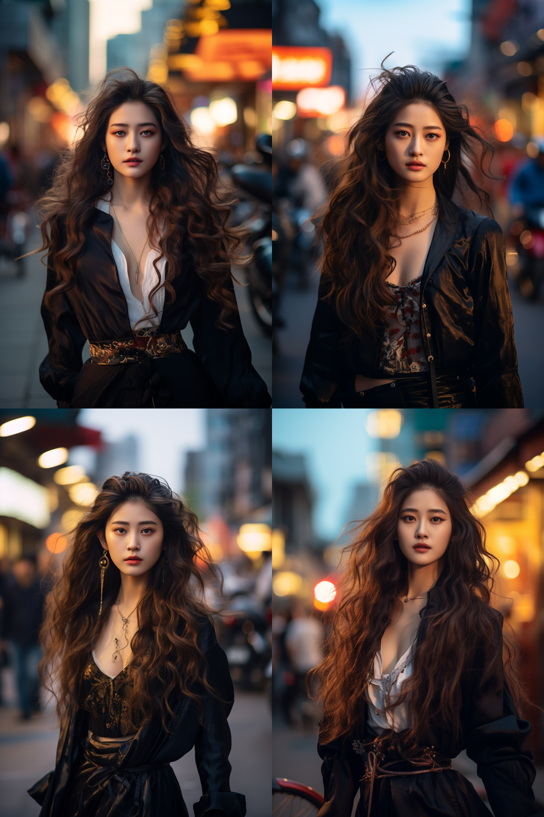 图片展示了四张由Midjourney生成的女性图像，背景为城市街道夜景。四张图像中的女性皆有着飘逸长发，但服饰细节存在差异，如上衣款式、配饰等。这组图像是Midjourney 5.2“高变化模式”中Vary（强）功能的效果呈现，体现了该功能使变化工作更加丰富多变的特点，为使用者测试输出选项提供更多选择。