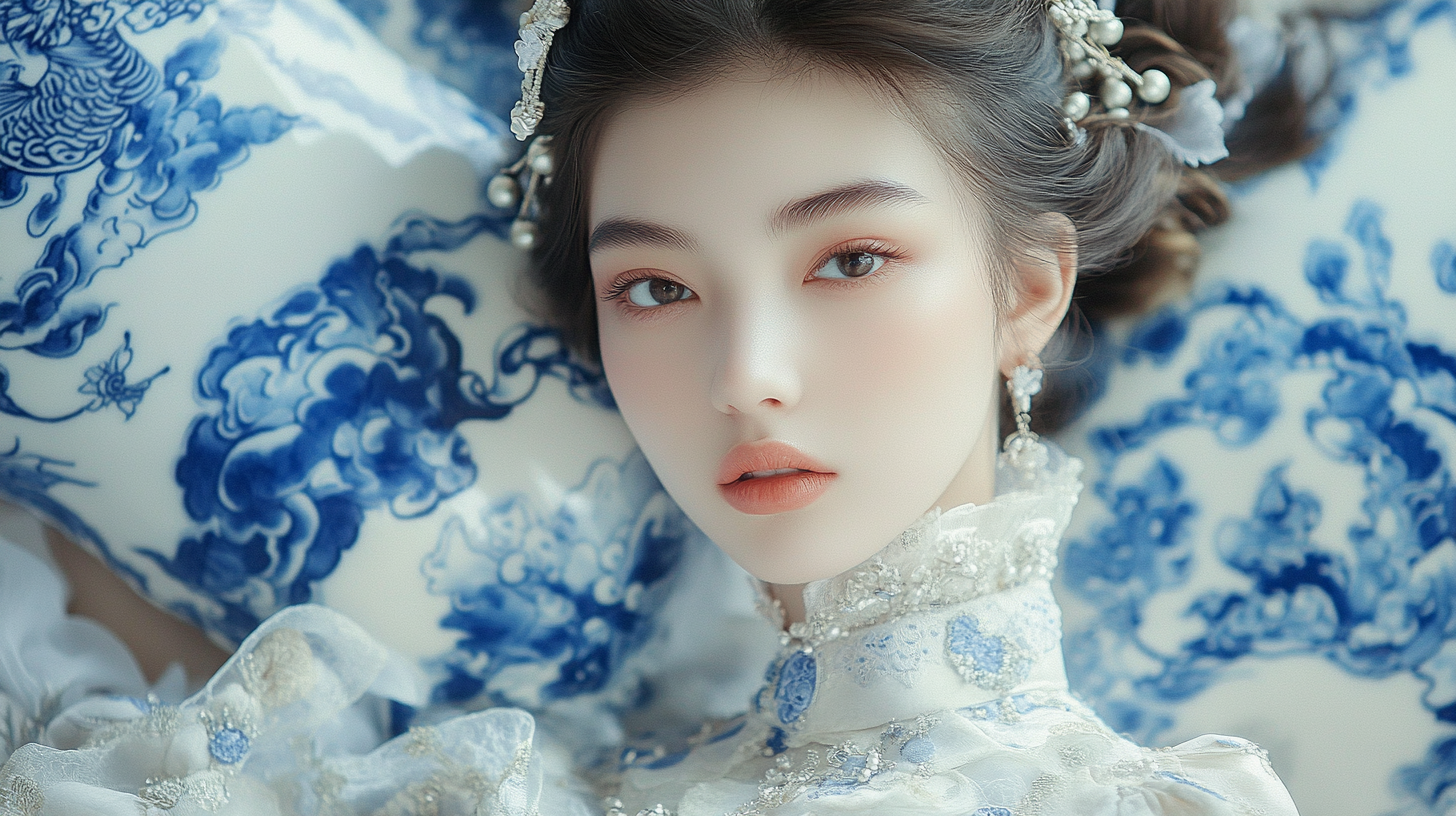 图片展示了一位18岁的美丽女孩,具有东方中式破碎蓝白瓷图案风格。女孩神态 serene,进行肖像摄影,符合时尚社论风格,采用了重点照明。她身着带有蓝白花纹的服饰,头戴装饰着珍珠等饰品的发饰,妆容精致,背景也是蓝白瓷图案,与服饰相呼应。此图作为示例,体现了Midjourney V6.1在图像连贯性和精确细节方面的提升,如人物面部细节刻画精准。