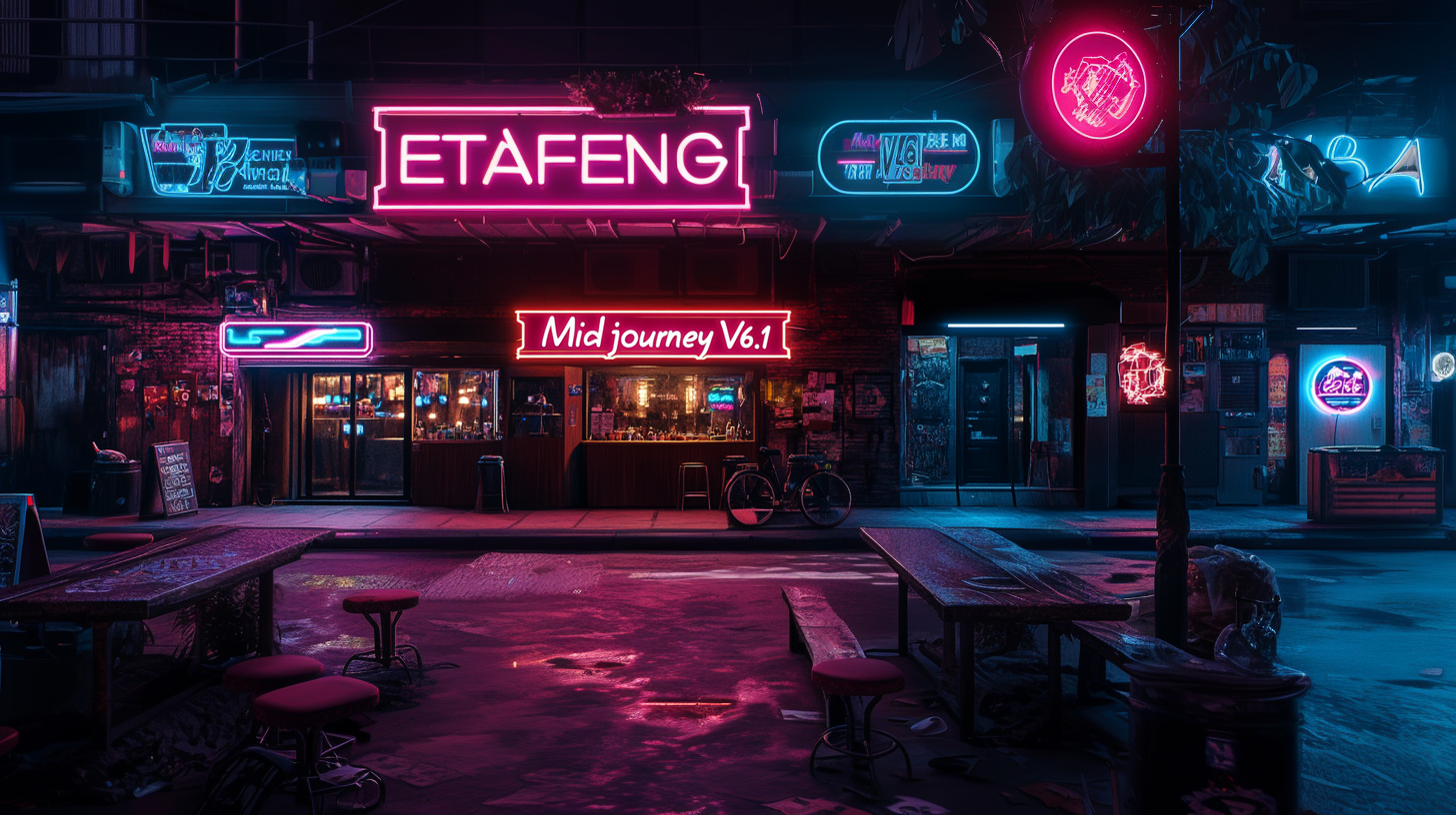 图片展示了一个夜晚的街景,画面中有多个霓虹灯招牌散发着亮眼的光。其中较为醒目的是上方写有“ETAFENG”的长方形招牌,以及下方写有“Midjourney V6.1”的招牌。街道上有几张木质桌子和红色凳子,旁边还有一辆自行车,整体营造出一种赛博朋克风格的氛围。这张图片用于展示Midjourney V6.1的生成效果,与文档中介绍Midjourney V6.1新功能的内容相呼应,直观呈现其图像生成能力。