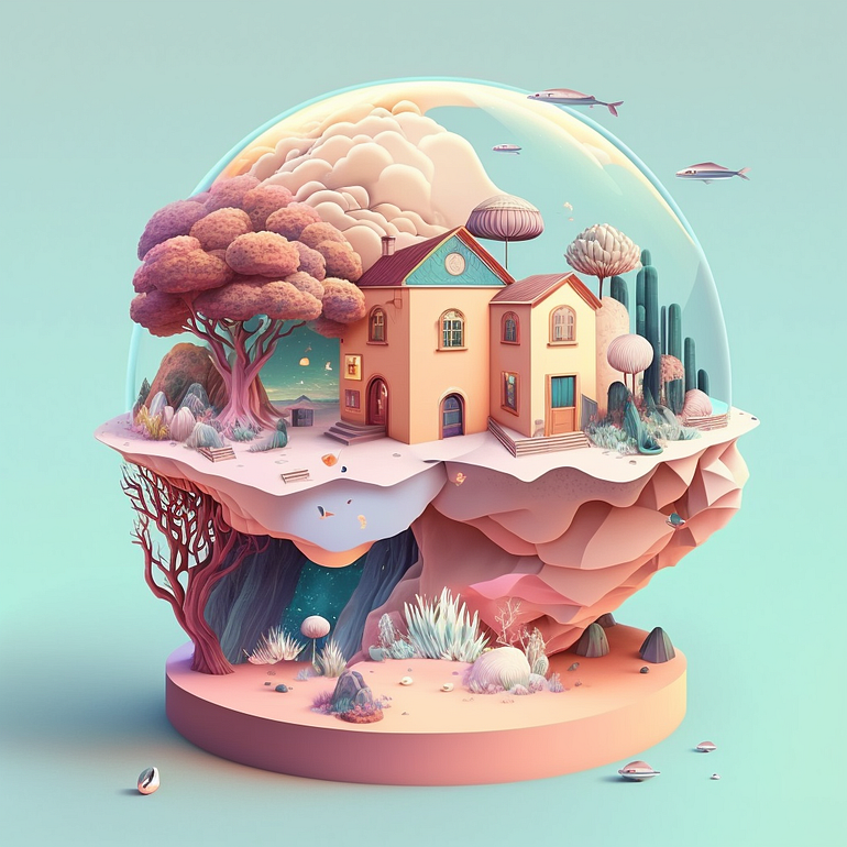 图片展示了一个充满梦幻色彩的场景，中央是一座粉红色的房屋，周围环绕着各种奇特的植物和岩石。背景是一个半透明的球体，仿佛将整个场景包裹在一个保护罩内。天空中漂浮着几朵云朵和几只飞行的鸟儿，营造出一种宁静而神秘的氛围。图片在上下文中起到展示MidJourney生成图像的作用，帮助读者直观地了解该工具生成的视觉效果。