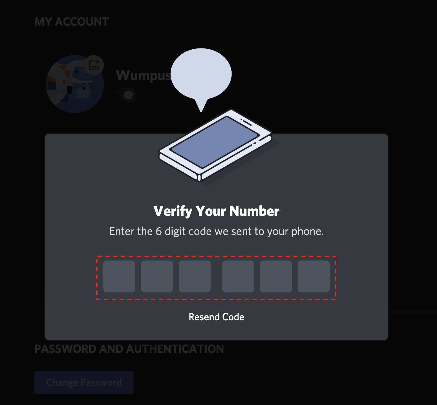 图片显示了一个手机界面，顶部标题为“MY ACCOUNT”，下方是“Verify Your Number”字样，提示用户输入收到的六位数字验证码。验证码输入框下方有“Resend Code”按钮。图片在上下文中起到展示用户在验证手机号码步骤中的操作界面的作用，帮助用户理解如何输入验证码以完成验证过程。