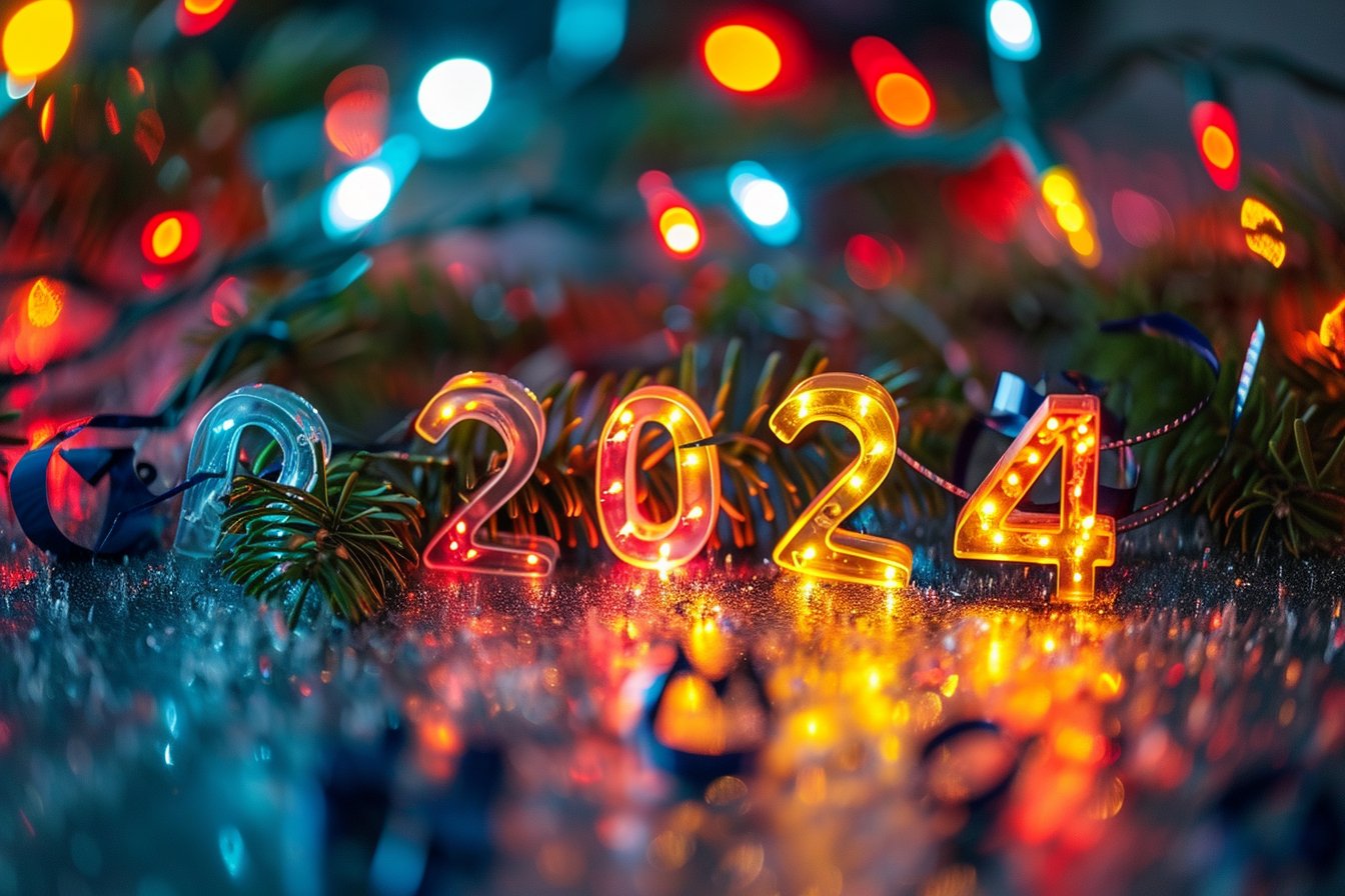图片展示了一组带有灯光效果的“2024”数字装饰,数字被放置在松枝和彩带之间,背景是模糊的彩色光斑,营造出节日氛围。图片与上下文的关系为:在介绍Midjourney V6初体验版发布这一“圣诞惊喜”的文档中,图片通过节日元素,契合了文中提到的圣诞情境,以富有节日氛围的视觉效果,增强了Midjourney V6发布这一消息的喜庆氛围。