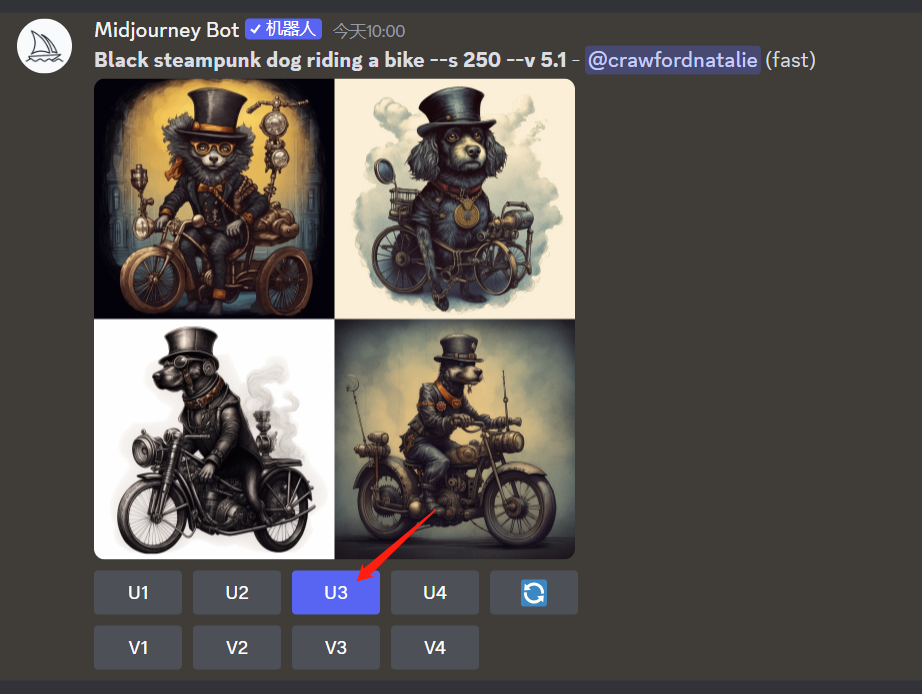 图片显示了MidJourney Bot生成的四张图像，主题为“黑色蒸汽朋克狗骑自行车”。图片中，每张图下方都有U和V按钮，分别用于细化和重新生成图像。图片中U3按钮被突出显示，并带有红色箭头指向，表明用户可以点击该按钮对第三张图进行细化处理，生成一张更大的图像。这与上下文中的描述一致，说明用户可以对生成的图像进行进一步的调整和优化。