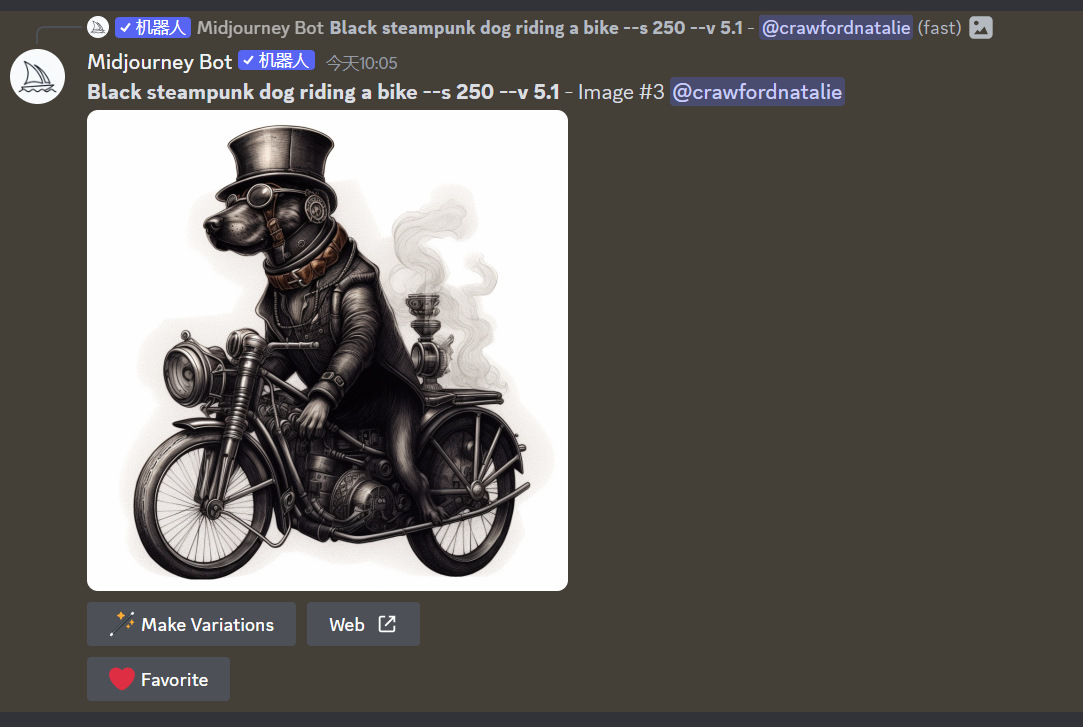 图片内容：这是一幅描绘一只穿着蒸汽朋克风格服装的狗骑着摩托车的插画。狗戴着高顶礼帽，穿着黑色夹克和背带裤，骑在一辆复古风格的摩托车前，摩托车上有蒸汽喷出，营造出一种蒸汽朋克的氛围。图片作用：图片展示了MidJourney Bot生成的第三张图，用于说明U按钮的功能，即在对应图片的基础上细化，生成一张大图。