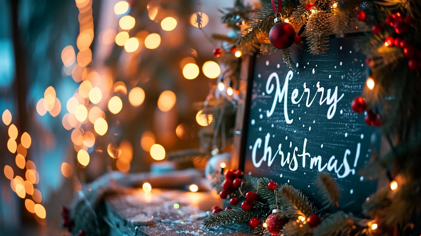 图片展示了一块写有“Merry Christmas!”字样的木板,木板周围装饰着松枝、红色浆果和圆球等圣诞饰品,背景有暖黄色的灯光形成光斑效果,营造出浓厚的圣诞氛围。这张图片是Mid - Journey V6 Alpha版文本生成功能的示例成果,对应上文提示词“Prompt:A photo of the text‘Merry Christmas!’written with chalk on a wooden board,Christmas decor around,beautiful lighting--ar 16:9--v 6--style raw”,直观呈现了该模型处理短文本的效果。