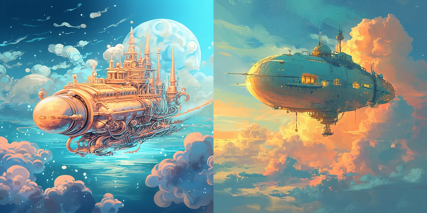 图片展示了Midjourney V5.2版本(左侧)和V6版本(右侧)在相同提示词下生成的图像。左侧V5.2版本图像中,是一艘带有城堡建筑的奇幻飞艇,风格偏向创意插画,色彩梦幻。右侧V6版本图像中,是一艘写实风格的飞艇,细节刻画精准,光影效果更显真实。该图片与上下文紧密相关,直观呈现了文档中对两个版本风格特点的描述,即V5.2擅长创意美感展现,V6主打现实感和细节精准描述。