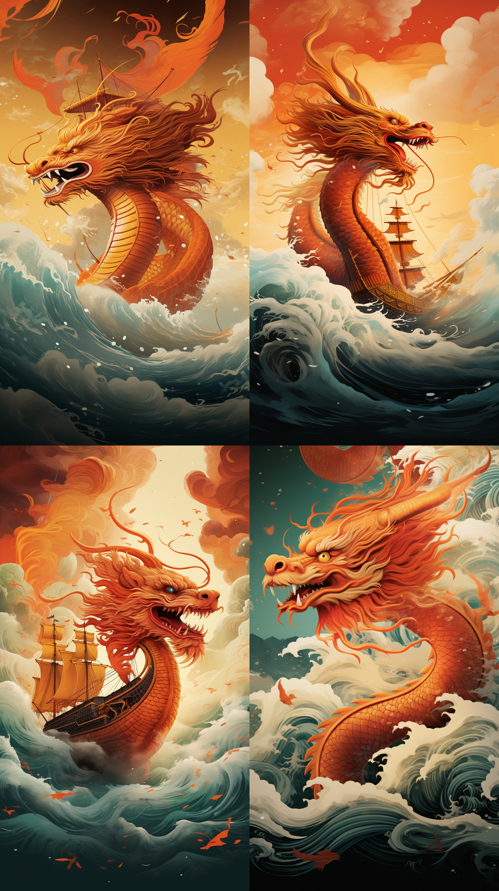 图片展示了Midjourney的V5.2版本(左侧两张图)和V6版本(右侧两张图)使用相同提示词生成的图像。均以橙红色巨龙在波涛汹涌的海面为主体,背景有船只、云朵等元素。V5.2版本图像风格更具创意和美感,色彩搭配和画面表现偏向艺术插画;V6版本则更显现实感,细节刻画更为精准,如巨龙的毛发、海浪纹理等,整体画面更逼真。此图直观呈现了两个版本在风格上的差异。