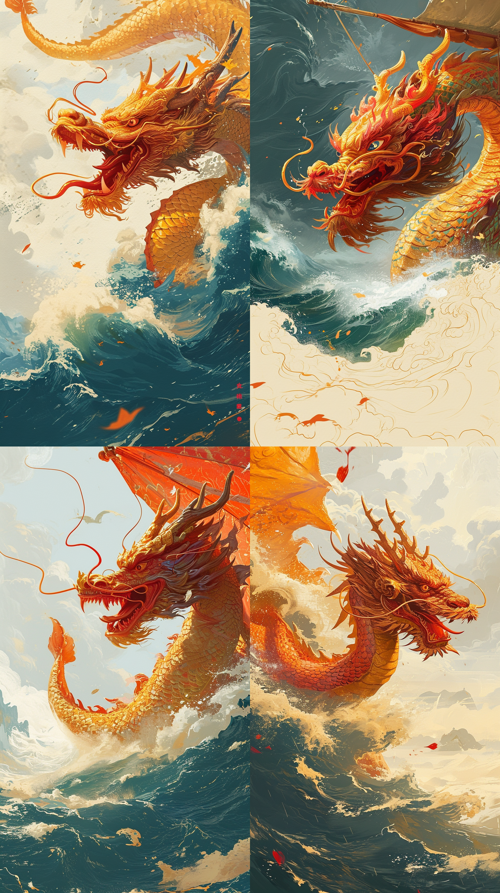 图片展示的是Midjourney V5.2版本生成的四幅插画风格的龙图。画面中,金龙在海浪与云雾间翻腾,龙身鳞片、龙须等细节刻画细腻,色彩鲜艳,金色的龙与蓝白的海浪、橙红的飘絮形成鲜明对比,展现出强烈的视觉冲击力。龙的神态威严霸气,整体画面充满奇幻色彩和艺术美感。这组图用于与V6版本对比,体现出V5.2在插画风格上的优势。