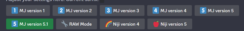 图片显示了Midjourney绘图模式的选择界面，其中突出显示了“MJ version 5.1”选项。该界面还列出了其他版本，包括“MJ version 1”至“MJ version 4”以及“Niji version 4”和“Niji version 5”。图片在上下文中起到示例作用，帮助用户了解不同版本的Midjourney绘图模式及其功能，特别是强调了最新版本“MJ version 5.1”的优势。