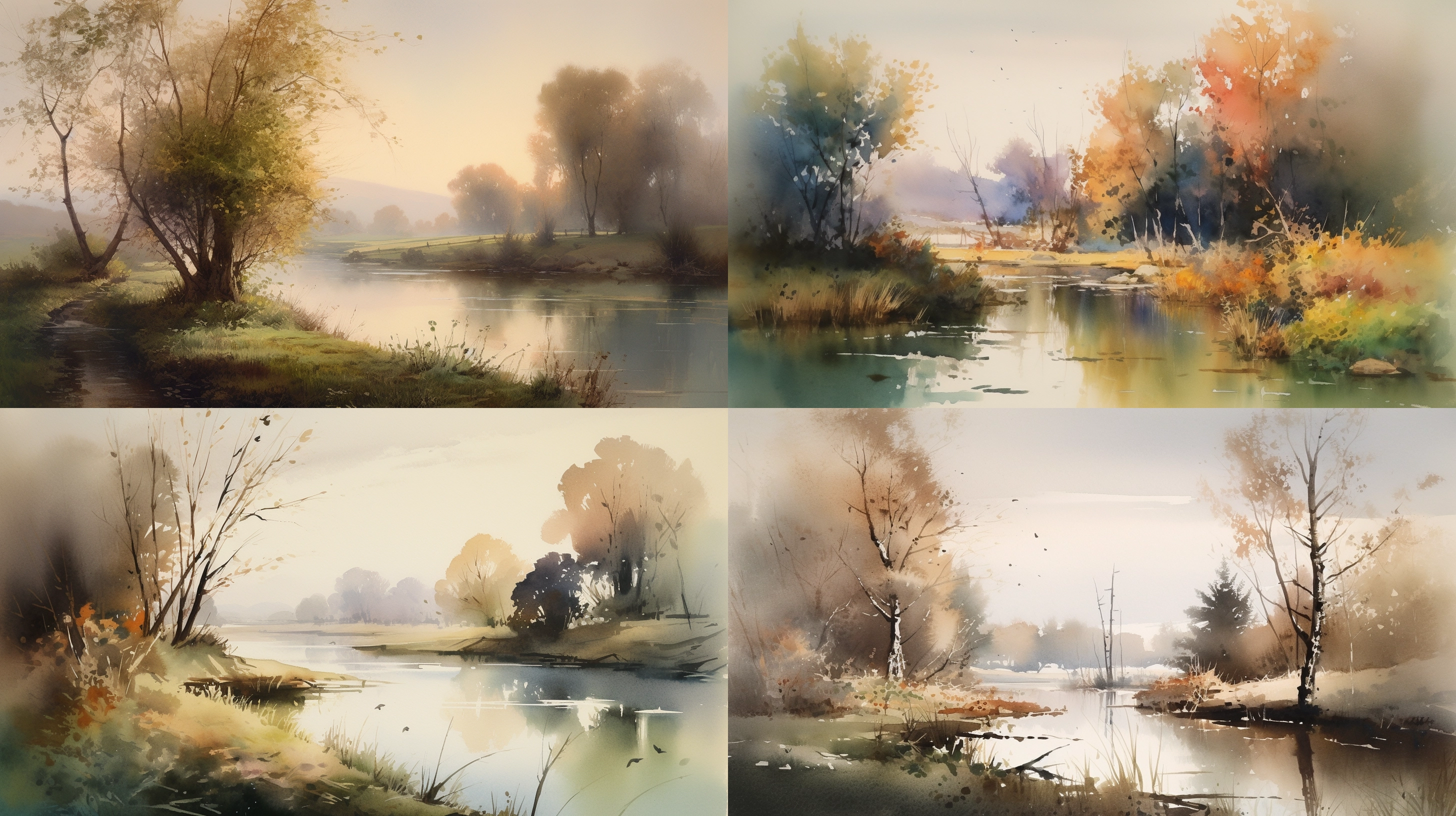 图片展示了四幅不同的水彩画，每幅画都描绘了宁静的乡村景观。第一幅画中，阳光洒在湖面上，树木和草地在柔和的光线中显得格外宁静。第二幅画则描绘了秋天的景色，树叶呈现出金黄色和橙色，湖水倒映着树木的影子。第三幅画中，湖边有一片草地，远处的树木在晨雾中若隐若现。第四幅画则展现了冬季的景象，湖面结冰，树木只剩下光秃秃的枝干。这些画作都采用了水彩画技法，色彩柔和，构图简洁，营造出一种宁静和谐的氛围。在上下文中，这些画作被用来展示如何使用不同的场景和颜色来创作图像标题，为用户提供了一个水彩画风格的示例。