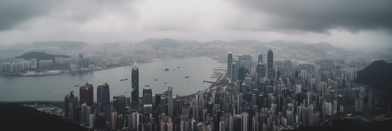 图片展示了一幅香港天际线的全景，天空中布满了厚重的云层，城市中高楼大厦林立，其中最显眼的是位于中央的国际金融中心。画面中还可见到维多利亚港，港内有几艘船只航行。这张图片与上下文中的描述“A beautiful drone shot of the Hong Kong Skyline, cloudy winter day, overcast”相匹配，生动地再现了香港在多云冬季的美丽景象。