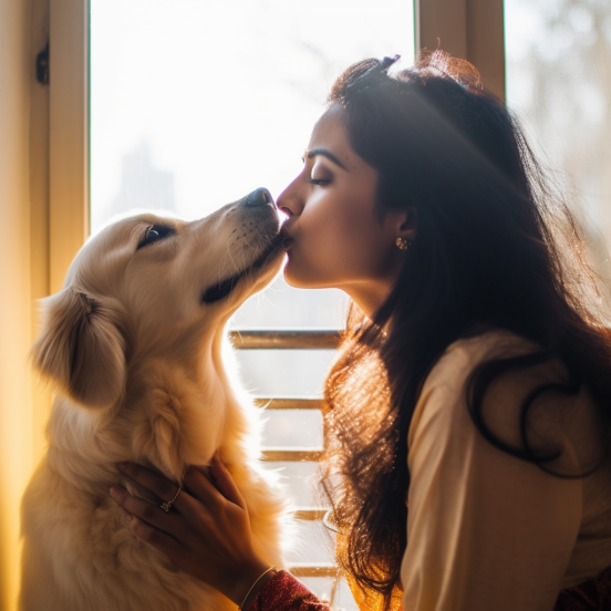 图片中，一位印度女性正亲吻一只金毛猎犬，阳光透过窗户洒在她们身上，营造出温暖而柔和的氛围。女性穿着浅色上衣，长发披肩，显得温柔而自然。金毛猎犬则显得非常温顺，与主人亲密互动。这张图片在上下文中展示了人与宠物之间的亲密关系，强调了温馨和谐的场景。