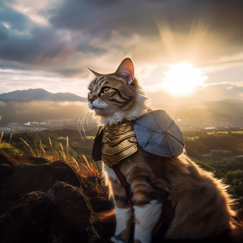 图片中，一只穿着金色盔甲的猫坐在山顶上，背景是夕阳西下的天空和远处的山脉。猫的表情专注而沉思，仿佛在思考什么重要的事情。这种场景与上下文中提到的“A tabby cat dressing up as a warrior, movie scene, wide angle, on top of mountain, fuji film photography, sunset lighting--v 5”非常契合，展示了猫作为战士的形象，营造出一种电影般的氛围。