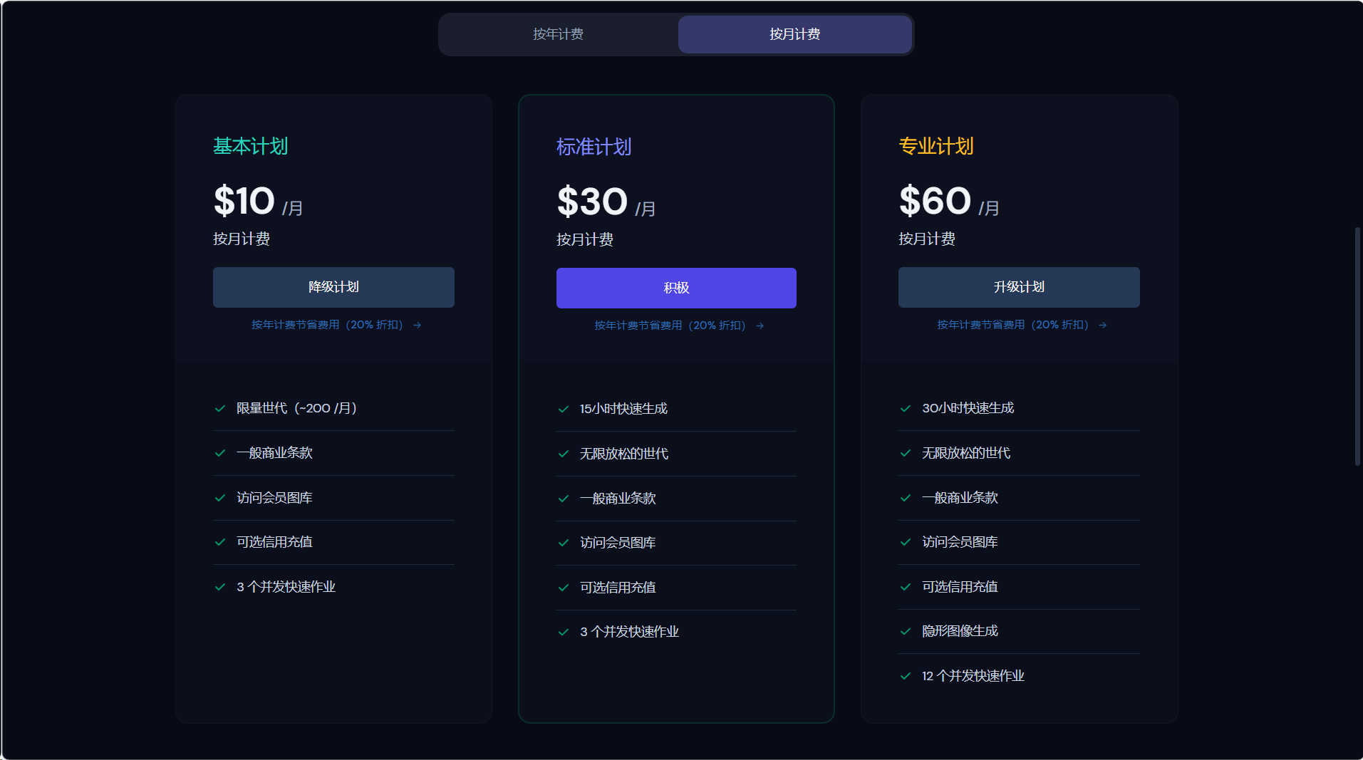 图片展示了Midjourney的付费订阅计划，分为基本计划、标准计划和专业计划三个选项。基本计划每月10美元，包含200张图片的生成权限、一般商业条款、访问会员数据库和3个开发快速作业。标准计划每月30美元，提供无限制的图片生成、15小时的快速使用时长和一般商业条款。专业计划每月60美元，包含无限制的图片生成、30小时的快速使用时长和12个开发快速作业。图片在上下文中起到解释付费订阅选项的作用，帮助用户了解不同价格对应的权益。