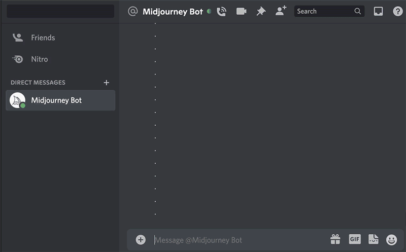 图片展示了Discord界面中与Midjourney Bot的聊天窗口。左侧为消息列表，显示Friends、Nitro及Direct Messages等分类，Direct Messages下有Midjourney Bot。右侧是聊天窗口，上方有搜索栏、文件夹图标、用户图标及问号图标。底部输入框显示“Message @Midjourney Bot”，并有礼物、GIF、图片及表情符号图标。该图片与文档中如何在Mj中创建一致角色的上下文相关，用于说明在Discord中与Midjourney Bot交流的界面情况。