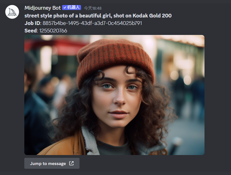 图片展示的是在Discord中获取的初始图像。上方显示“Midjourney Bot”机器人发送的消息，内容为“street style photo of a beautiful girl, shot on Kodak Gold 200”，并附有Job ID和Seed编号。下方是一张侧视图照片，画面中是一位戴着棕色针织帽、穿着灰色上衣的女性，背景模糊，有行人。该图片与上下文关系紧密，是获取初始图像URL和种子短语后制作新提示的示例，用于后续制作角色图像。