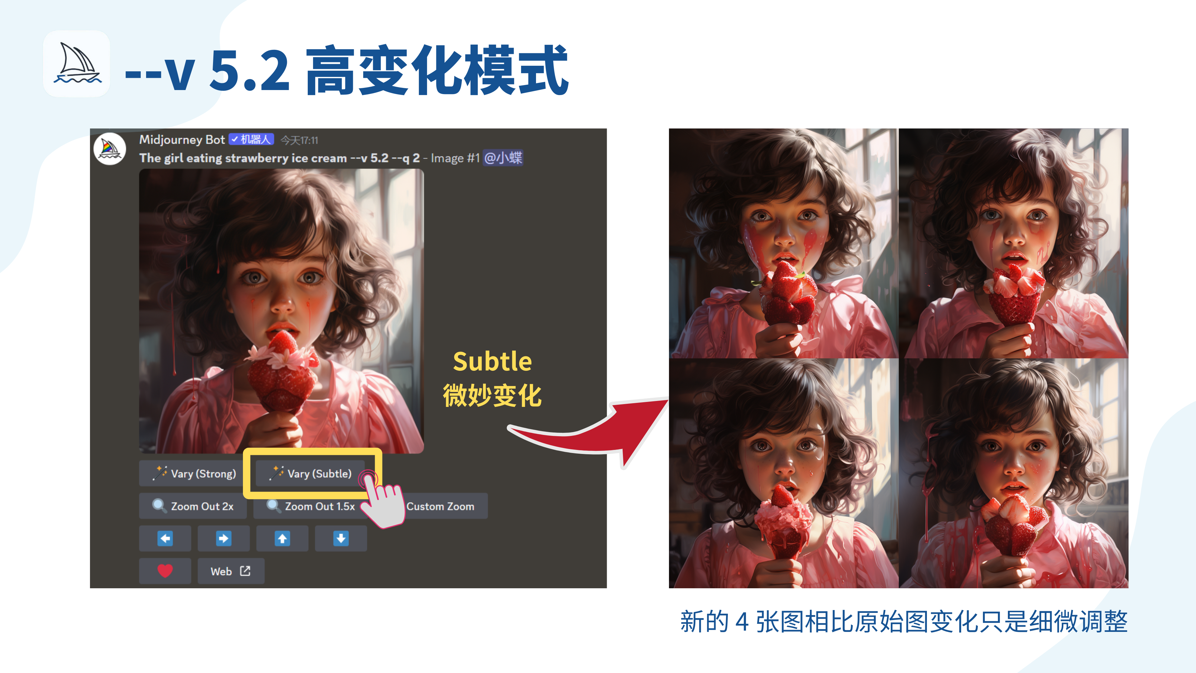 图片展示了Midjourney的--v 5.2高变化模式。左侧是一张女孩吃草莓冰淇淋的图像及相关操作按钮，其中“Vary (Subtle)”按钮被黄色框突出显示。右侧是点击该按钮后生成的4张变体图像，与原始图像相比，仅进行了细微调整。图片直观呈现了高变化模式下，通过“Vary (Subtle)”按钮可基于原图像生成变化细微的新图像，是对上文“高变化模式”内容的示例说明。