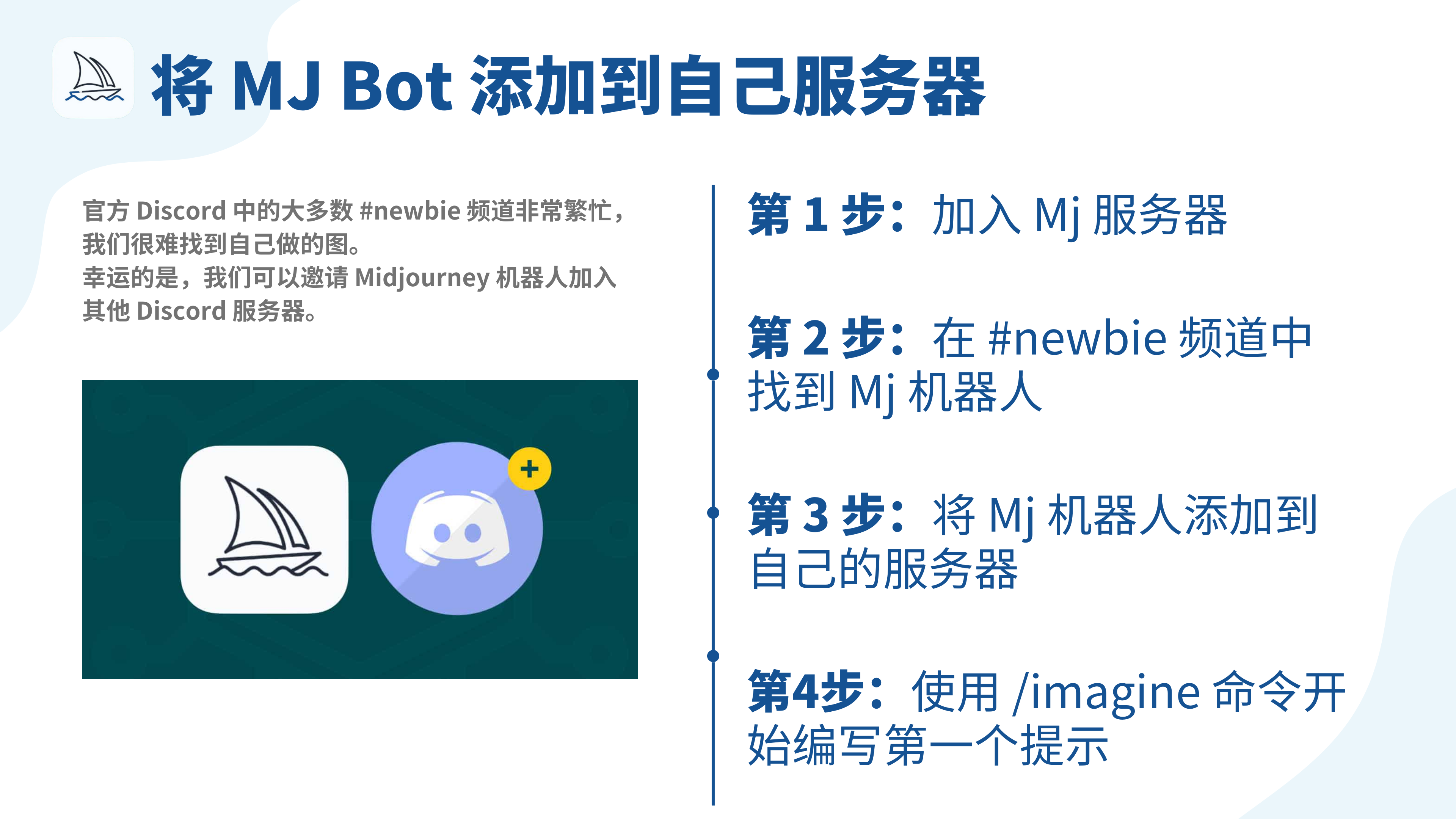 图片展示了将MJ Bot添加到自己服务器的步骤。标题为“将MJ Bot添加到自己服务器”。左侧说明官方Discord中#newbie频道繁忙，可邀请Midjourney机器人加入其他Discord服务器，并配有帆船和机器人图标。右侧以数字序号列出4个步骤：第1步加入Mj服务器；第2步在#newbie频道中找到Mj机器人；第3步将Mj机器人添加到自己的服务器；第4步使用/imagine命令开始编写第一个提示。图片与上下文对应，是对将Midjourney Bot添加到自己Discord服务器操作步骤的可视化呈现。
