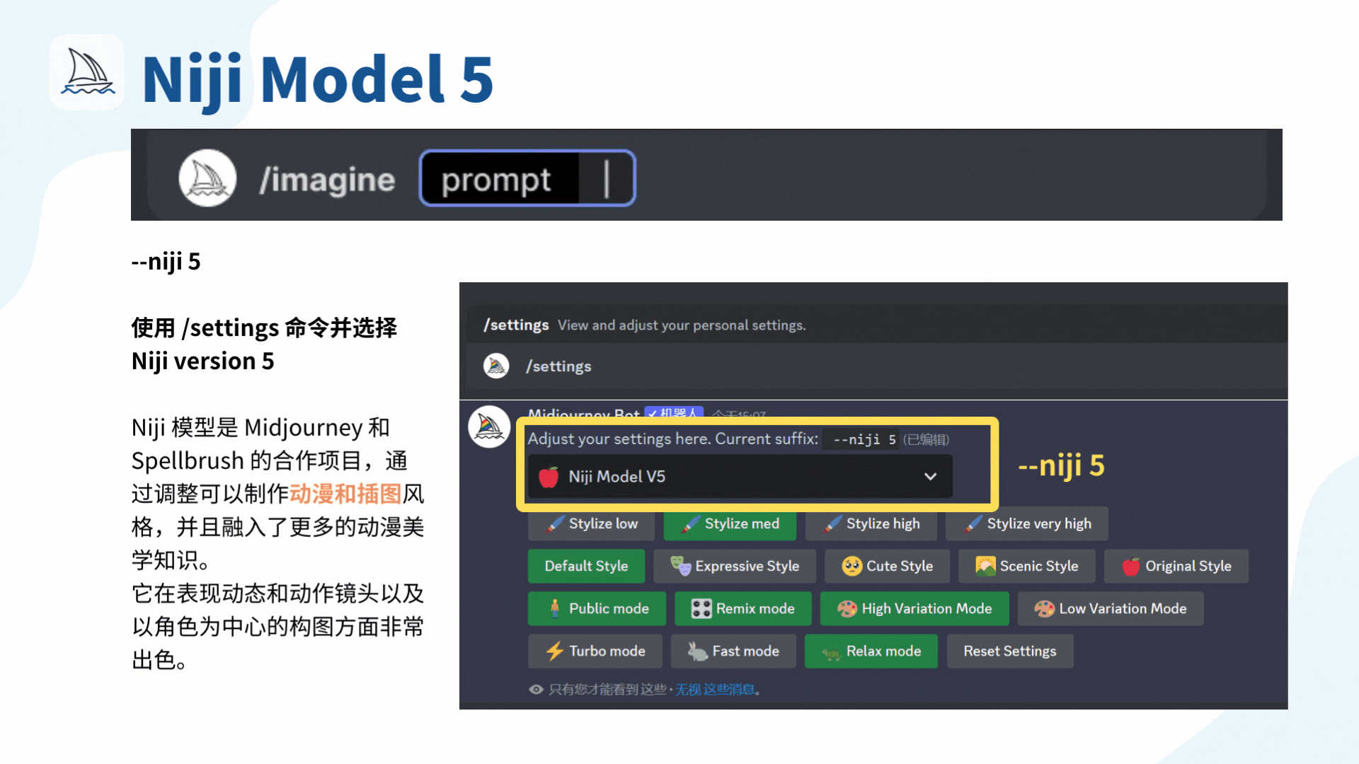 图片展示了Midjourney中Niji Model 5的相关内容。上方有“Niji Model 5”标题以及/imagine命令提示框。中间文字说明可使用/settings命令选择Niji version 5，右侧是/settings界面截图，黄色框突出显示了当前后缀为“--niji 5”，下拉选项为“Niji Model V5”。下方文字介绍Niji模型是Midjourney和Spellbrush的合作项目，能制作动漫和插图风格，在表现动态等方面很出色。此图与上文介绍的Niji模型相呼应，直观展示了选择Niji version 5的操作位置。