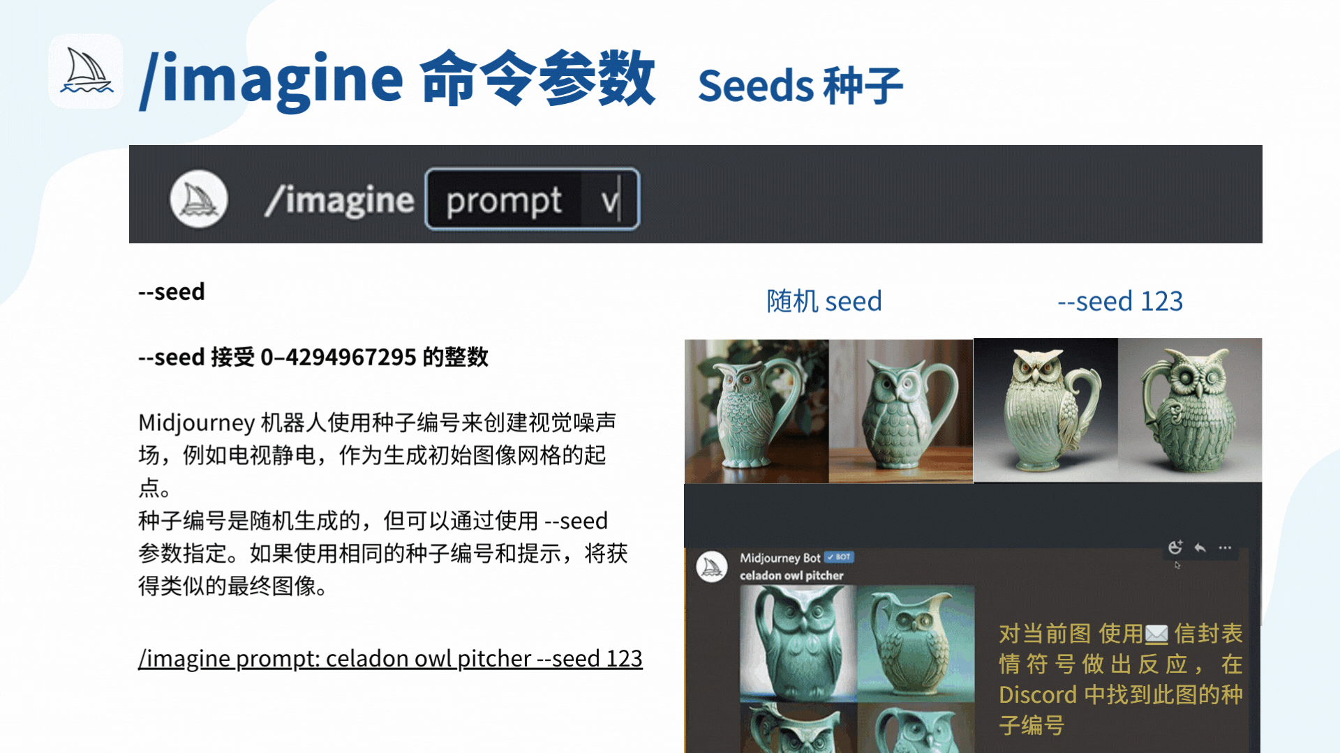 图片主要介绍Midjourney中/imagine命令的--seed参数。该参数接受0 - 4294967295的整数，Midjourney机器人用种子编号创建视觉噪声场来生成初始图像网格。种子编号随机生成，也可通过--seed参数指定，使用相同种子编号和提示会得到类似最终图像。图中展示了使用“celadon owl pitcher --seed 123”提示生成的青绿色猫头鹰水壶图像，还显示了在Discord中对图像使用信封表情符号可找到种子编号的说明。