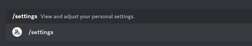 图片展示了在Discord中输入的/settings命令，上方文字为“/settings View and adjust your personal settings.”，下方有Midjourney图标及“/settings”字样。该图片与上下文紧密相关，上下文提到在Midjourney中若想尝试更高级功能，需知道如何使用设置功能，且说明了在Discord中输入/settings命令，此图片正是对该命令输入形式的直观呈现，帮助读者更清晰地了解操作方式。