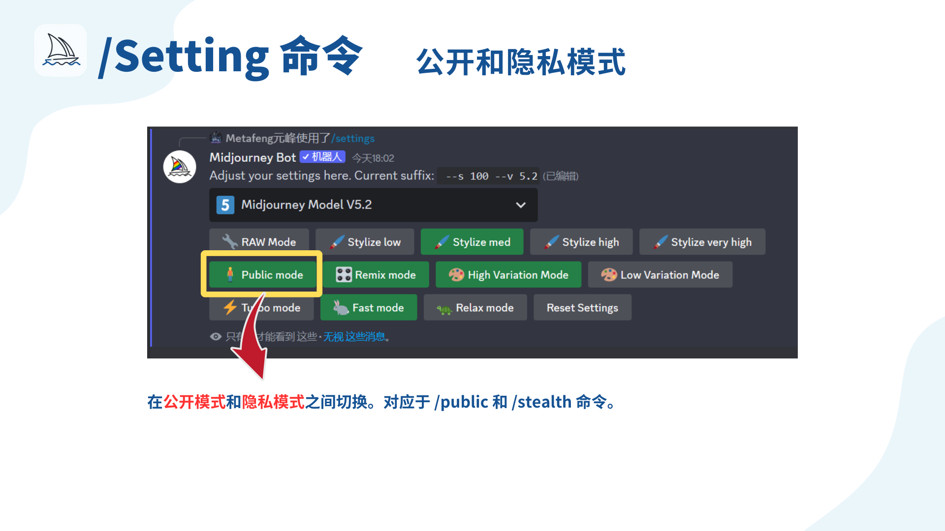 图片展示了Midjourney中/Setting命令设置里的公开和隐私模式相关内容。画面为Midjourney Bot界面，显示当前模型为V5.2。其中“Public mode”（公开模式）选项被黄色框突出显示，并有红色箭头指向。下方文字说明可在公开模式和隐私模式之间切换，对应于/public和/stealth命令。该图片与上下文紧密相关，直观呈现了如何通过/Setting命令来设置公开和隐私模式这一内容。