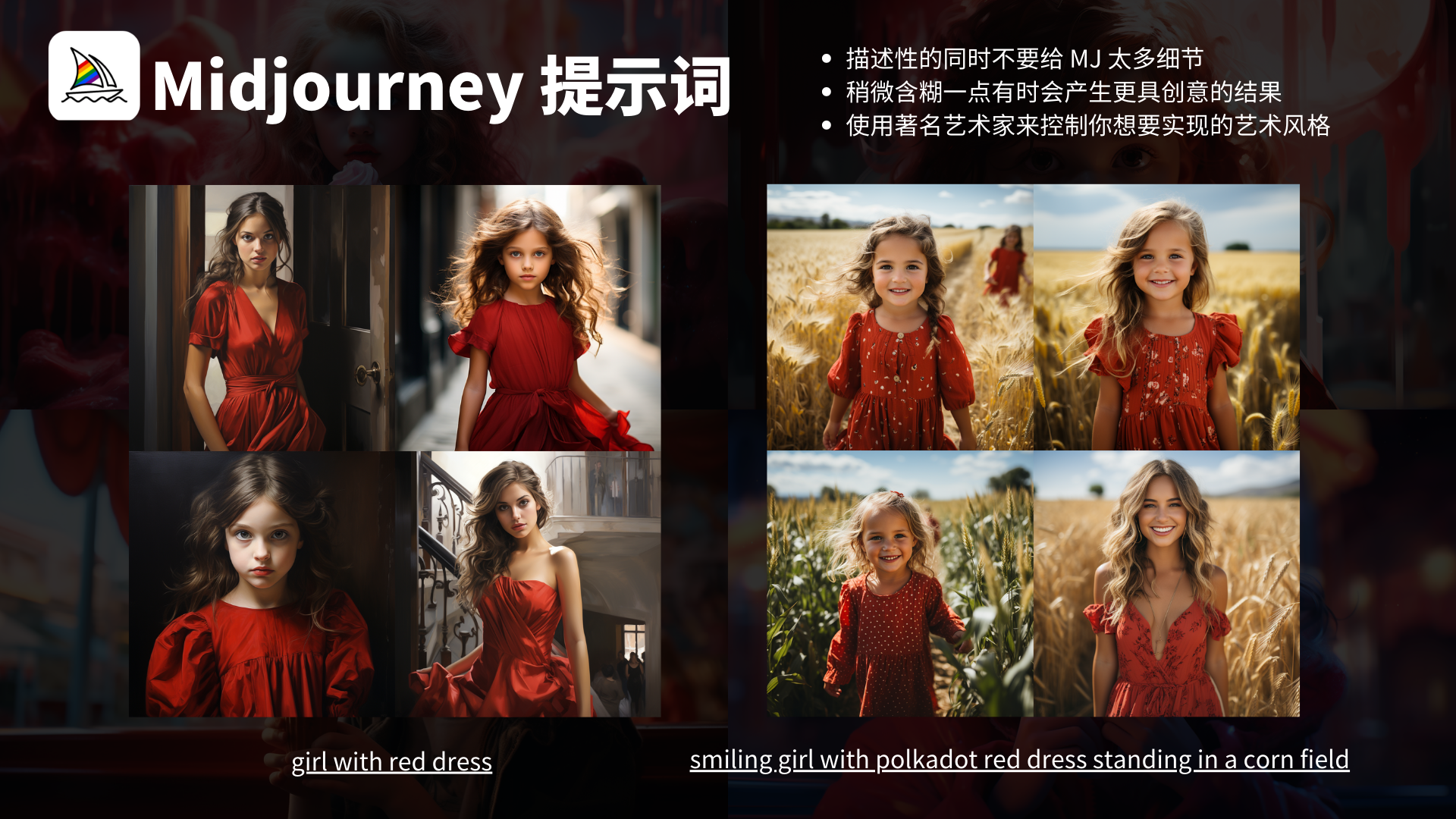 图片展示了Midjourney提示词效果对比示例。左侧是提示词“girl with red dress穿红裙子的女孩”生成的四张图片，呈现不同姿态、场景下着红裙的女孩；右侧是提示词“smiling girl with polkadot red dress standing in a corn field一个笑着、穿着带波点红裙子的女孩站在玉米田里”生成的四张图片，展现了在玉米田中面带笑容、穿波点红裙的女孩。图片旁文字提示描述性的同时不要给MJ太多细节，稍微含糊一点有时会产生更具创意的结果，还可使用著名艺术家来控制艺术风格。