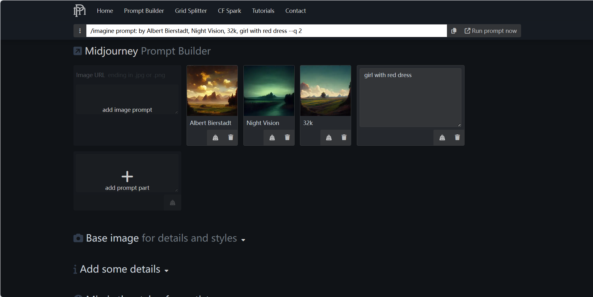 图片展示了promptoMANIA Prompt生成器的操作界面。上方输入框内有文本“/imagine prompt: by Albert Bierstadt, Night Vision, 32k, girl with red dress --q 2”，右侧有“Run prompt now”按钮。下方有三个展示图像，分别标注“Albert Bierstadt”“Night Vision”“32k” ，还有一个文本框内容为“girl with red dress”，每个展示图像和文本框下方都有操作图标。此外，还有“add image prompt”和“add prompt part”等添加提示部分的选项。该图直观呈现了生成器构建提示词的操作区域，与上文对其功能介绍相呼应。