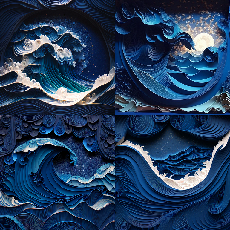 图片展示了以蓝色为主色调的层次感波浪纸艺术作品，呈现出梦幻的星夜场景。画面中，波浪形态各异，层层叠叠，白色浪花点缀其间，夜空闪烁着星星，部分画面还可见明月。这张图片对应上文“20+MJ提示词示例（文本到图像）”中“Layered paper of wave,aesthetic,epic detail,dreamy blue color,starry night”的提示词示例，是根据该提示词生成的图像，展现了Midjourney提示词应用后的效果。