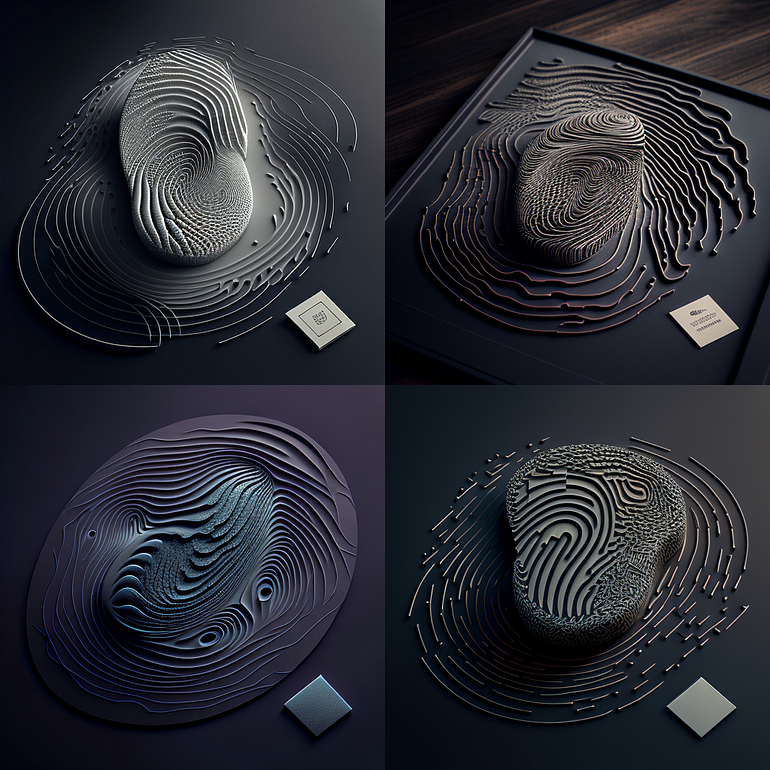 图片展示了四张3D循环指纹图像，作者为WILLIAM。指纹呈现出立体效果，纹路细节丰富，周围环绕着线条，仿佛在循环流动。图像背景为深色，凸显出指纹的质感和立体感。这组图片对应文档中“3D循环”示例，展示了3D循环这种让3D物体更生动的方式，通过创建无缝、循环的图像，为艺术作品增添生动效果和深度。