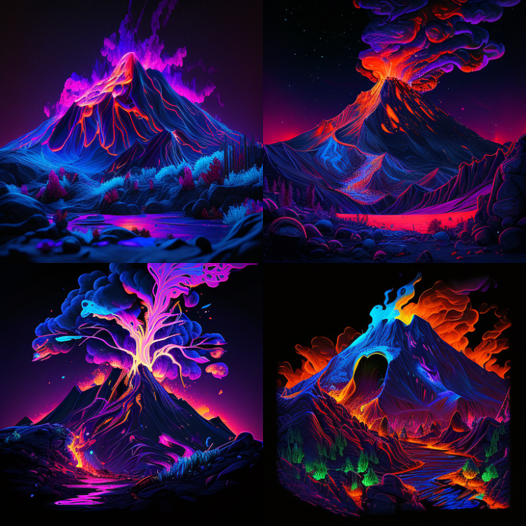 图片展示了四张黑光效果的火山图像，火山喷发，岩浆流淌，周围有树木、河流等景观。图像色彩绚丽，以紫色、蓝色、红色等为主，呈现出在紫外光下的艺术效果。图片位于介绍Midjourney提示词技巧的文档中，对应“黑光（Blacklight）”部分，该部分文字说明黑光是一种在紫外光下看到的艺术效果，并给出提示词“Blacklight volcano”，这些图像便是此提示词生成的示例，直观呈现了黑光效果下的火山景象。
