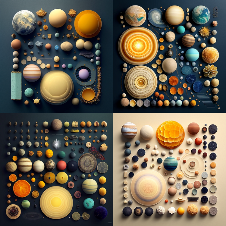 图片展示了太阳系的诺尔（Knolling）艺术作品，将各种与太阳系相关的物品整齐排列成90度的布局。画面分为四部分，每部分都有不同的物品组合，包含大小不一、颜色各异的球体，模拟太阳系中的行星等天体，还有一些其他形状的物件。这些物品排列有序，呈现出照片般逼真的效果。它与上下文的关系是，上下文介绍了诺林这种艺术形式，此图是运用“太阳系的诺尔，照片般逼真（作者：Alizer027）”提示词在Midjourney中生成的对应示例。