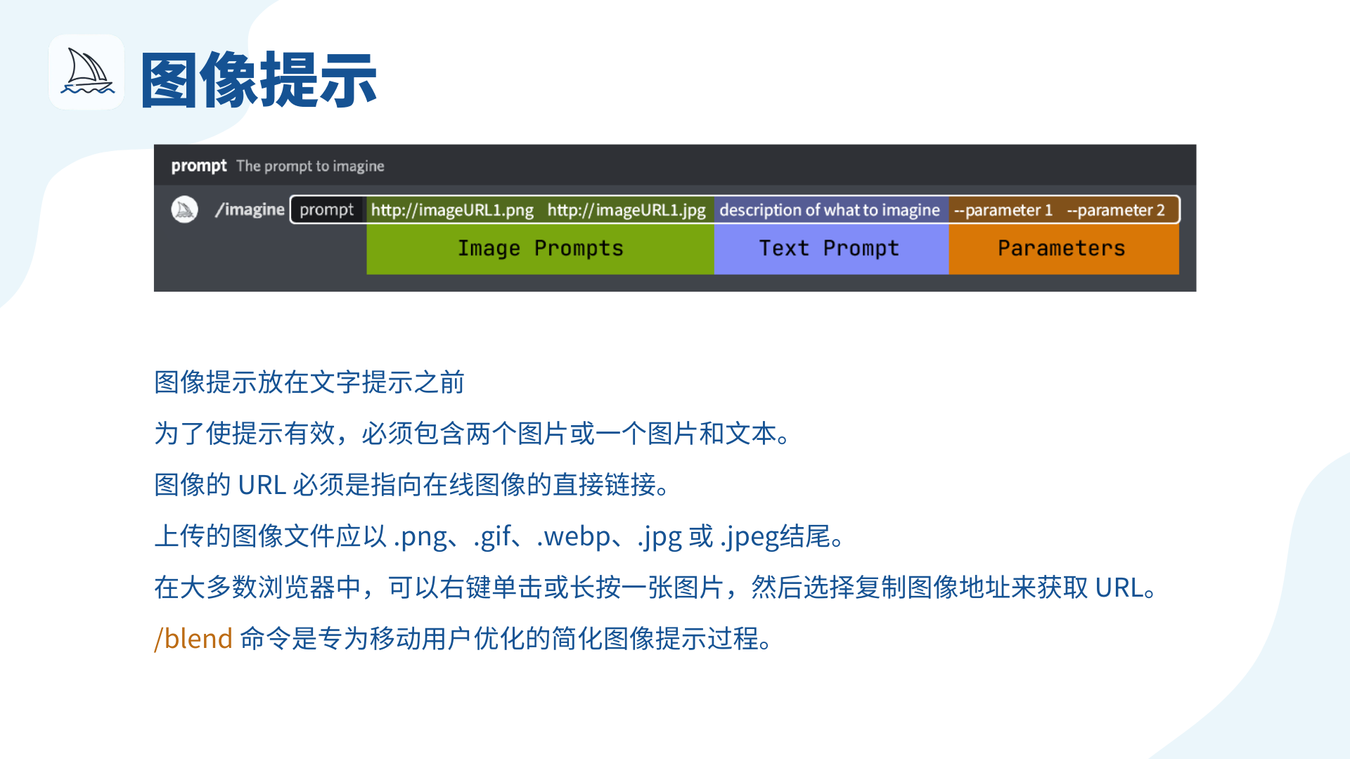 图片展示了Midjourney的图像提示相关内容。界面中有“/imagine prompt”指令示例，明确图像提示、文字提示和参数的位置，分别以绿色、蓝色和橙色标识。下方文字说明图像提示需放在文字提示之前，有效提示须包含两个图片或一个图片和文本，图像URL须为在线图像直接链接，上传图像文件有特定格式要求，还提到在浏览器中获取URL的方法，以及/blend命令是为移动用户优化的简化图像提示过程。