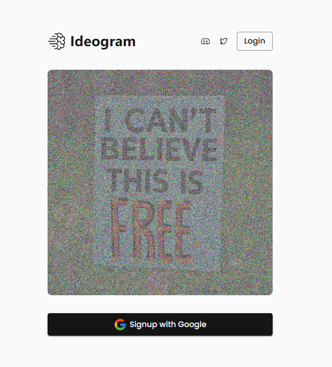 图片展示了Ideogram网站的登录页面。页面顶部有网站名称“Ideogram”及登录按钮。中间是一个带有文字“CAN'T BELIEVE THIS IS FREE”的灰色方块,背景为深色。底部有一个黑色长条,内有“Signup with Google”字样及谷歌标志。该图片对应文档中“第1步:创建帐户”部分,直观呈现了登录页面的界面样式,帮助用户了解在Ideogram上创建账户时的登录入口位置。
